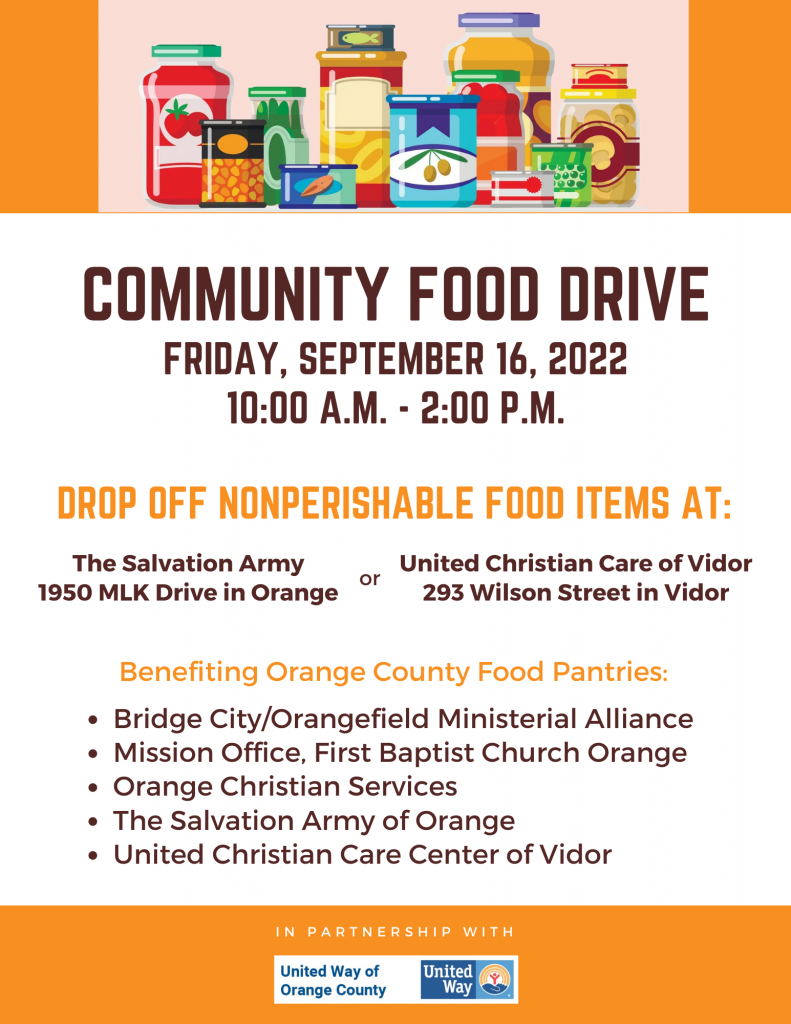 Community Food Drive to Be Held September 16 – Orange Worthy