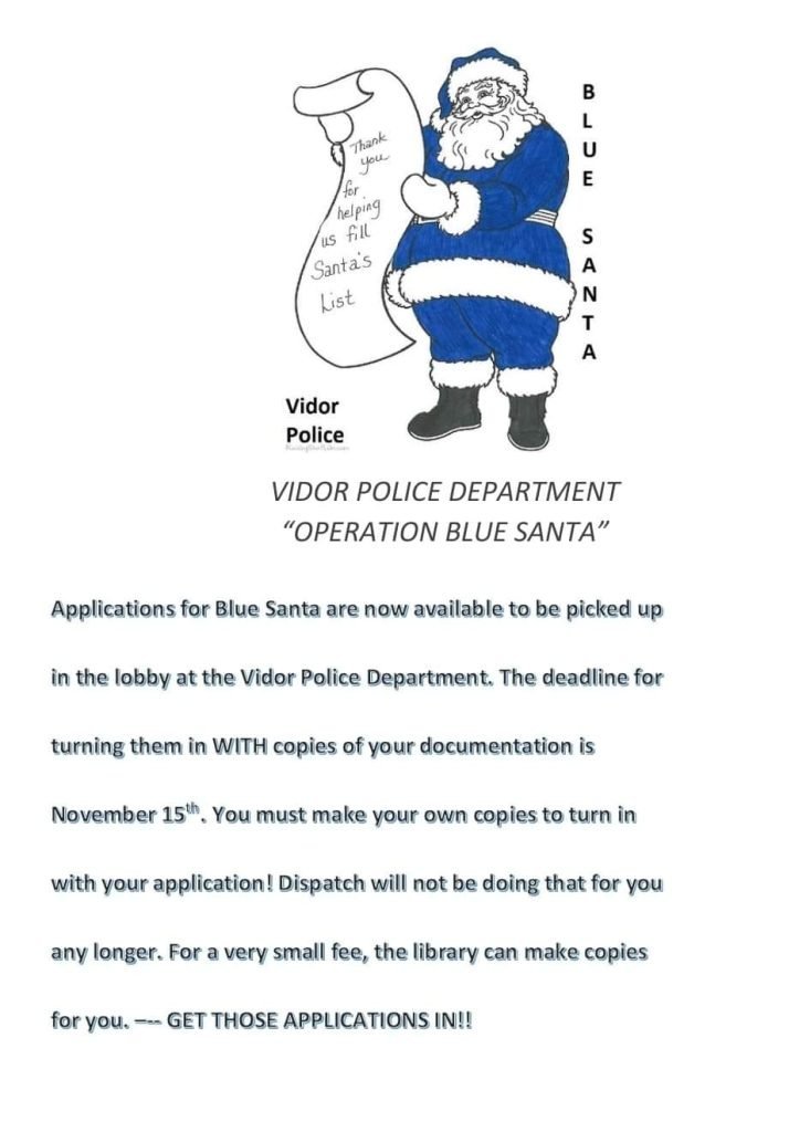 Vidor Police Department Opens 2023 Blue Santa Program Applications